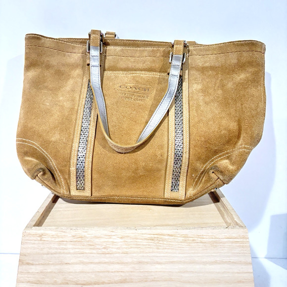 Coach Y2K Vintage Tan Suede Beaded Tote Bag Purse 8B31 - Picture 1 of 16